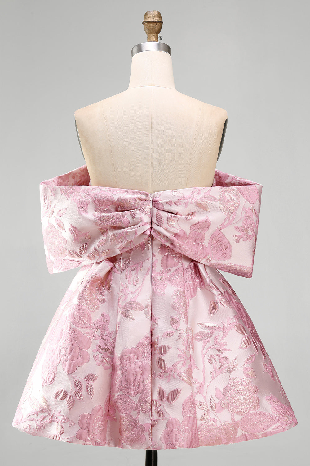 A Line Short Floral Off the Shoulder Pink Wedding Guest Dress with Bow