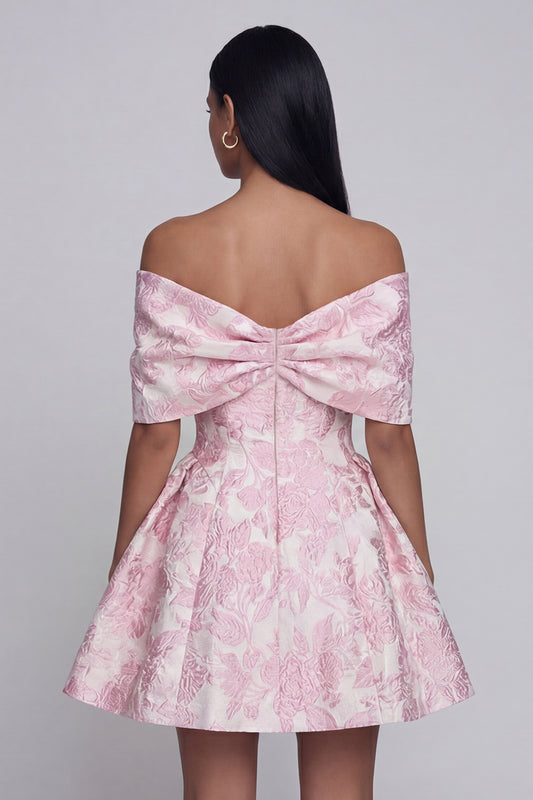 A Line Short Floral Off the Shoulder Pink Wedding Guest Dress with Bow
