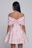 A Line Short Floral Off the Shoulder Pink Wedding Guest Dress with Bow