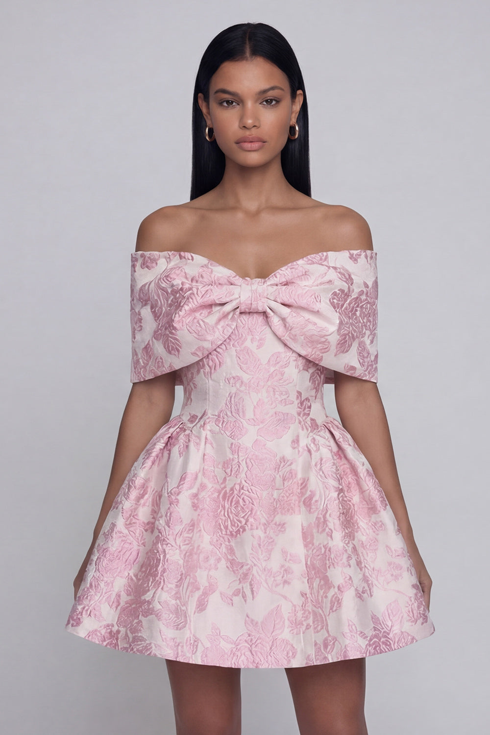 A Line Short Floral Off the Shoulder Pink Wedding Guest Dress with Bow