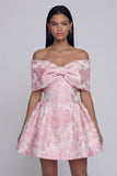 A Line Short Floral Off the Shoulder Pink Wedding Guest Dress with Bow