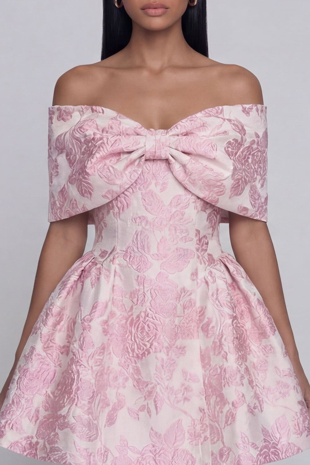 A Line Short Floral Off the Shoulder Pink Wedding Guest Dress with Bow