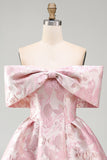 A Line Short Floral Off the Shoulder Pink Wedding Guest Dress with Bow