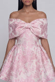 A Line Short Floral Off the Shoulder Pink Wedding Guest Dress with Bow