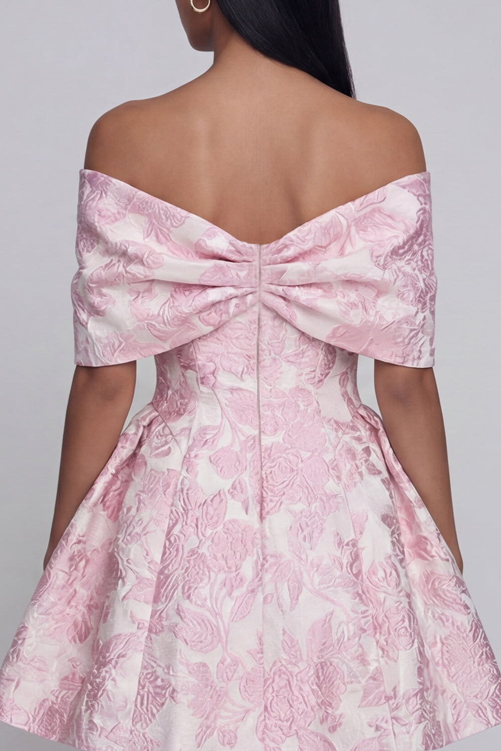 A Line Short Floral Off the Shoulder Pink Wedding Guest Dress with Bow