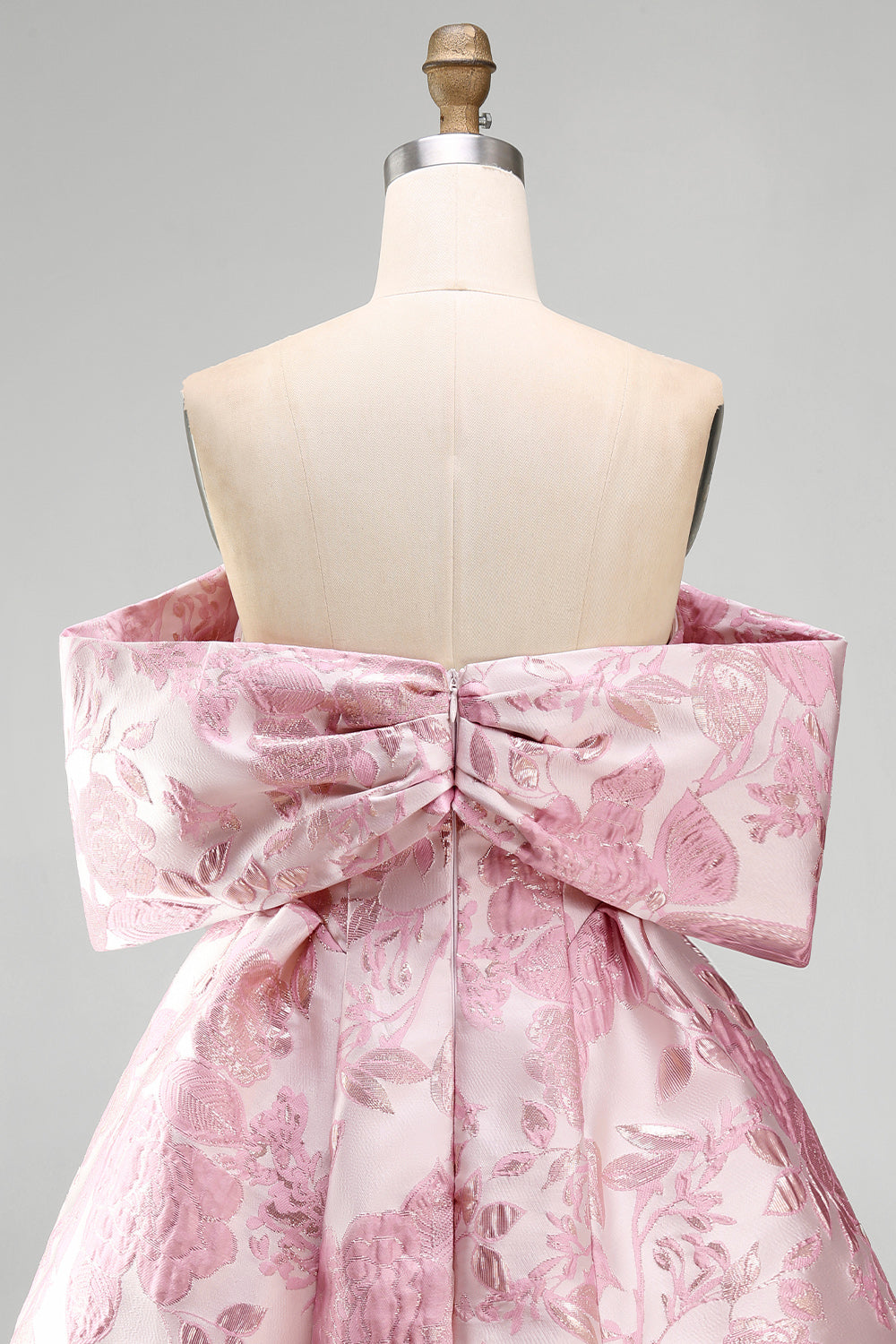 A Line Short Floral Off the Shoulder Pink Wedding Guest Dress with Bow