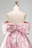 A Line Short Floral Off the Shoulder Pink Wedding Guest Dress with Bow