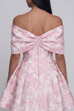 A Line Short Floral Off the Shoulder Pink Wedding Guest Dress with Bow