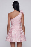Pink A Line Short Floral One Shoulder Wedding Guest Dress with Bow