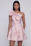 Pink A Line Short Floral One Shoulder Wedding Guest Dress with Bow