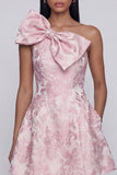 Pink A Line Short Floral One Shoulder Wedding Guest Dress with Bow