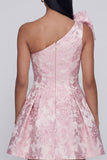 Pink A Line Short Floral One Shoulder Wedding Guest Dress with Bow