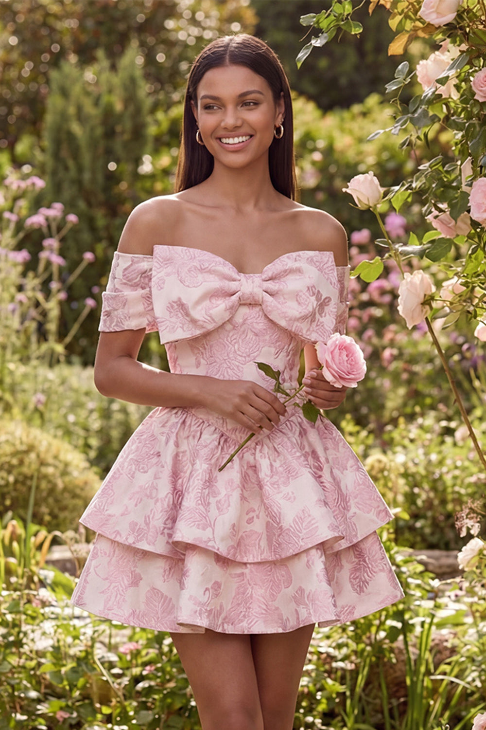 Ruffled Short Floral Off the Shoulder Pink A Line Wedding Guest Dress with Bow
