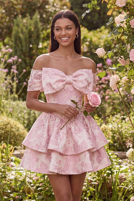 Ruffled Short Floral Off the Shoulder Pink A Line Wedding Guest Dress with Bow