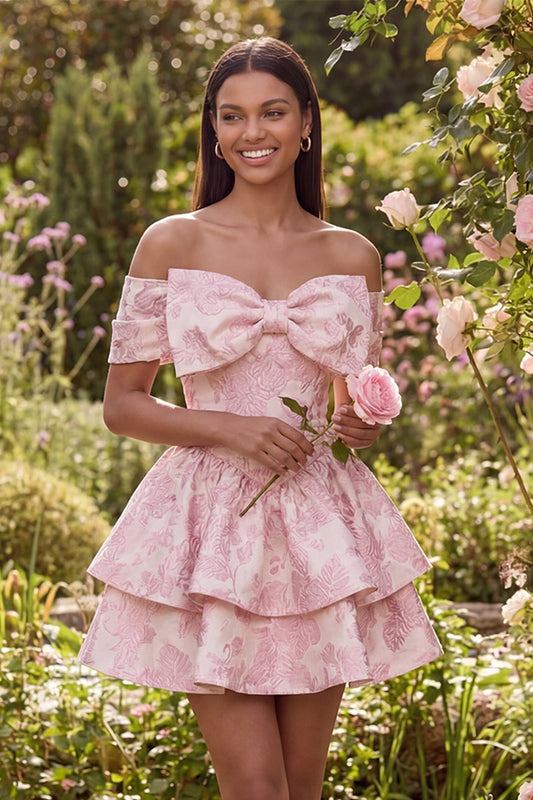 Ruffled Short Floral Off the Shoulder Pink A Line Wedding Guest Dress with Bow