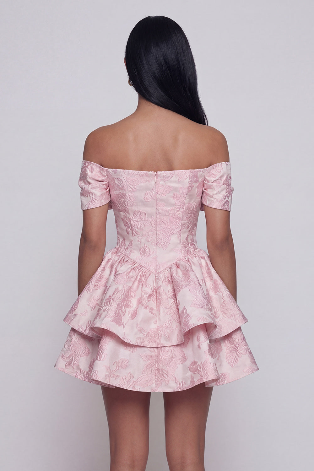 Ruffled Short Floral Off the Shoulder Pink A Line Wedding Guest Dress with Bow