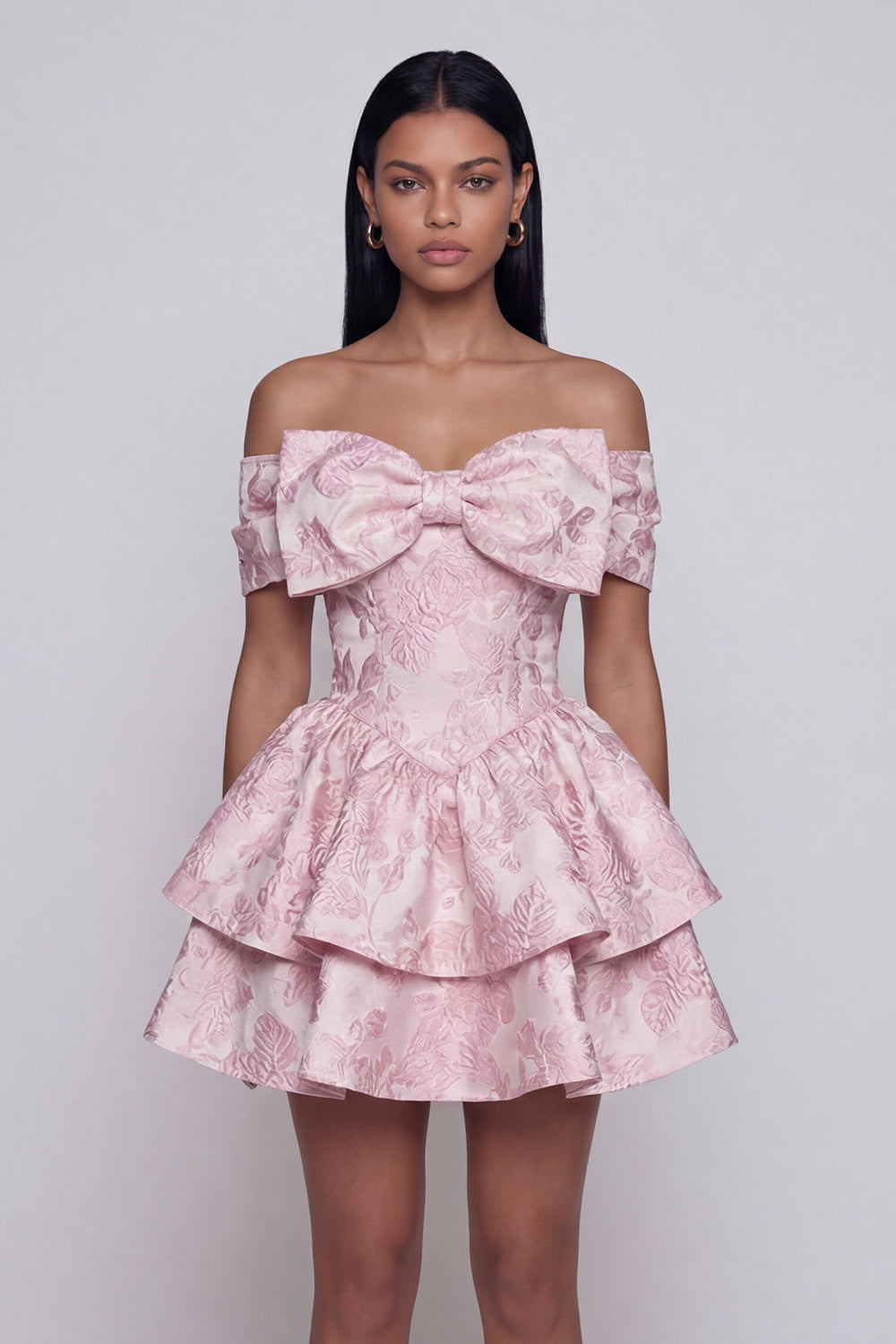Ruffled Short Floral Off the Shoulder Pink A Line Wedding Guest Dress with Bow