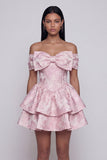 Ruffled Short Floral Off the Shoulder Pink A Line Wedding Guest Dress with Bow