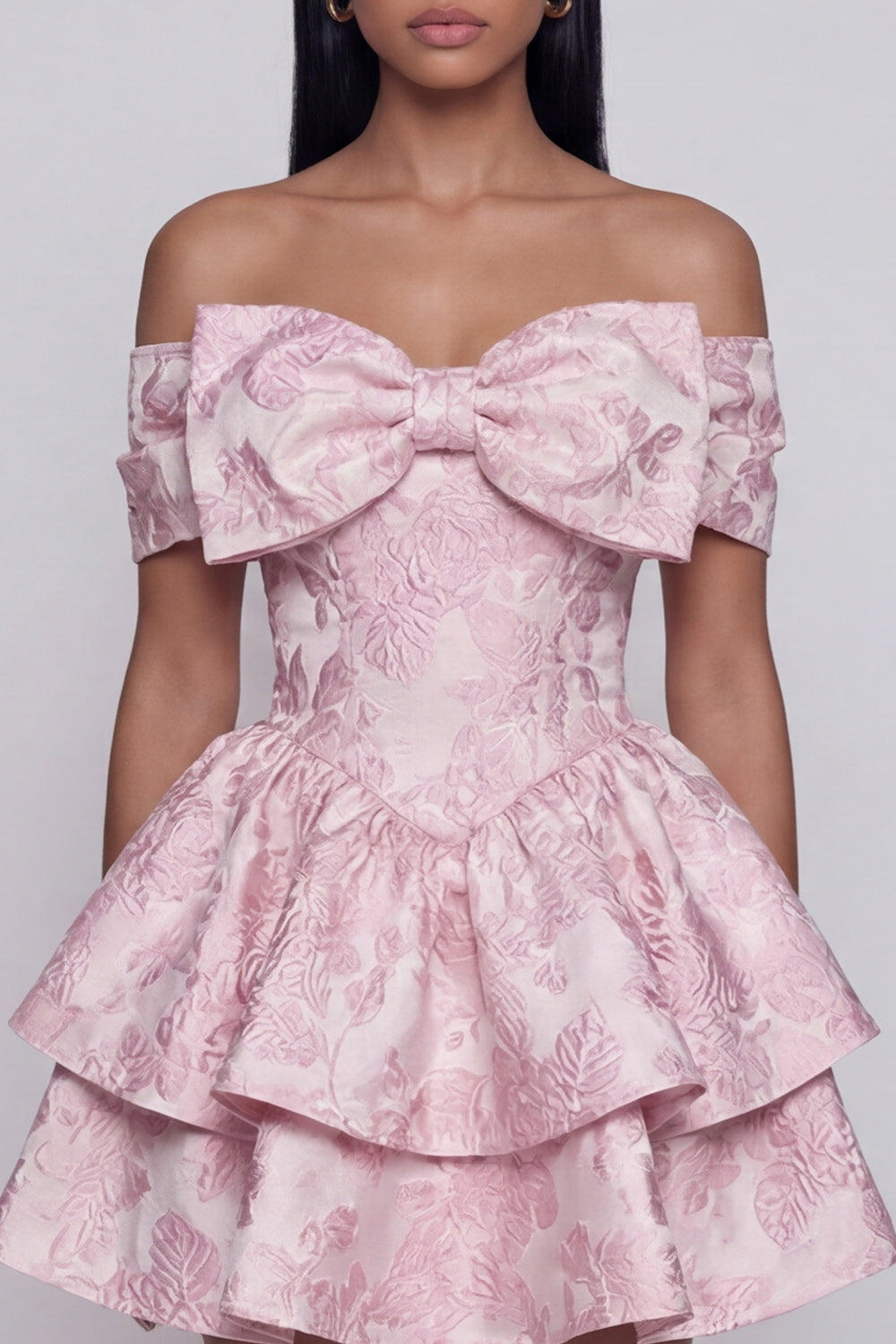 Ruffled Short Floral Off the Shoulder Pink A Line Wedding Guest Dress with Bow