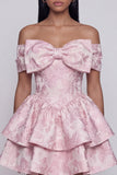 Ruffled Short Floral Off the Shoulder Pink A Line Wedding Guest Dress with Bow