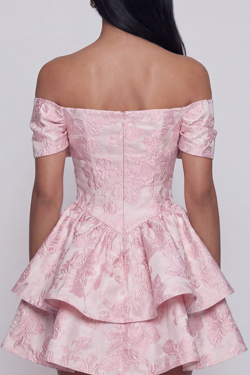 Ruffled Short Floral Off the Shoulder Pink A Line Wedding Guest Dress with Bow
