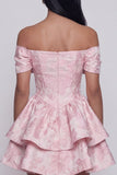 Ruffled Short Floral Off the Shoulder Pink A Line Wedding Guest Dress with Bow