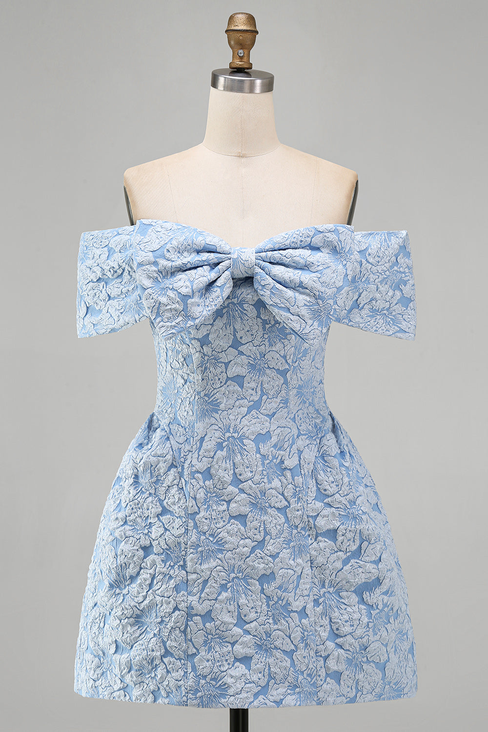 Blue A Line Short Floral Off the Shoulder Wedding Guest Dress with Bow