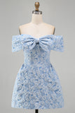 Blue A Line Short Floral Off the Shoulder Wedding Guest Dress with Bow
