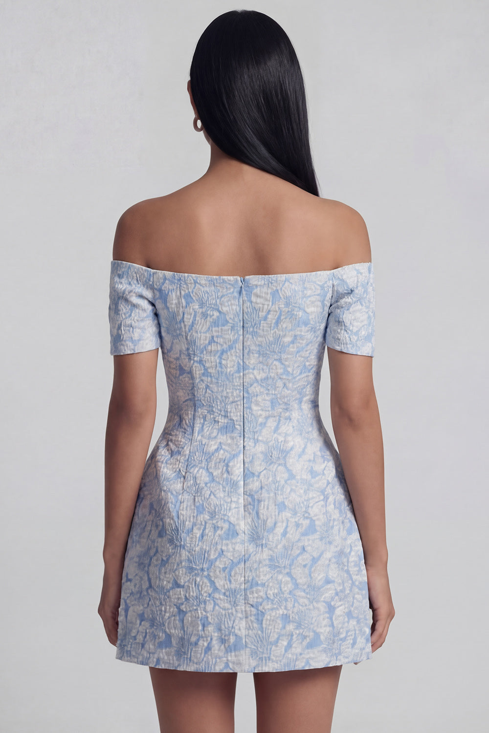 Blue A Line Short Floral Off the Shoulder Wedding Guest Dress with Bow