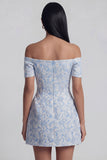 Blue A Line Short Floral Off the Shoulder Wedding Guest Dress with Bow