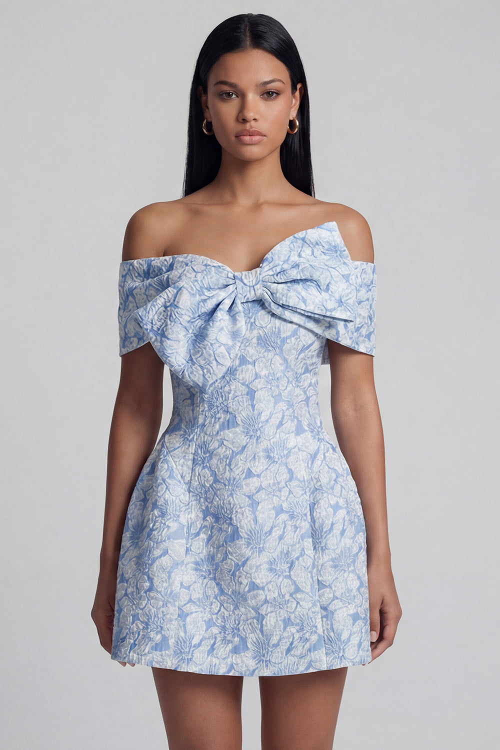 Blue A Line Short Floral Off the Shoulder Wedding Guest Dress with Bow