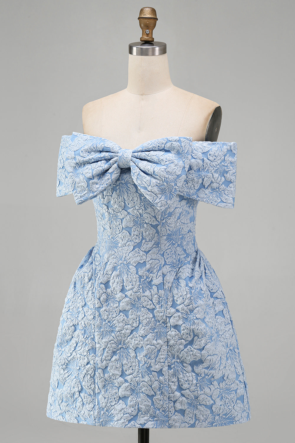 Blue A Line Short Floral Off the Shoulder Wedding Guest Dress with Bow