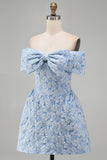 Blue A Line Short Floral Off the Shoulder Wedding Guest Dress with Bow