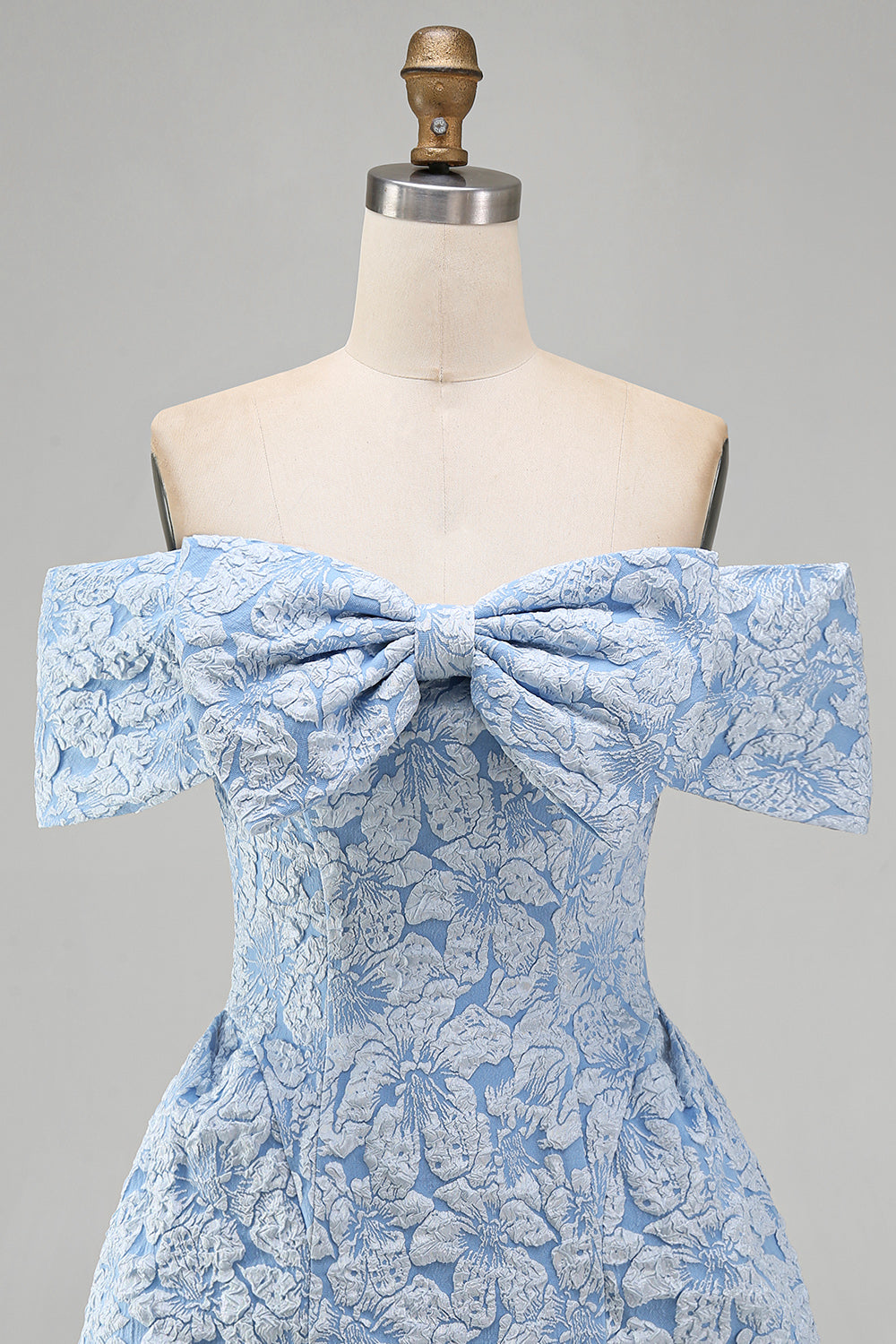 Blue A Line Short Floral Off the Shoulder Wedding Guest Dress with Bow