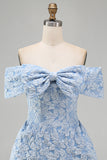 Blue A Line Short Floral Off the Shoulder Wedding Guest Dress with Bow