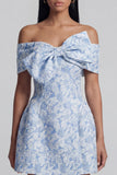 Blue A Line Short Floral Off the Shoulder Wedding Guest Dress with Bow