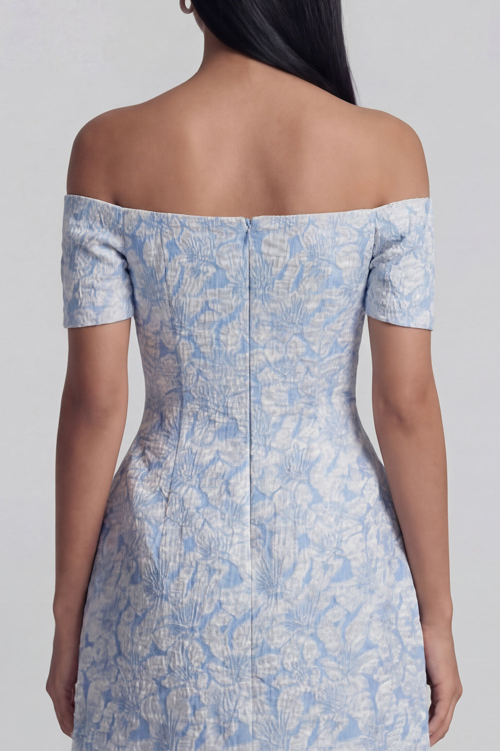 Blue A Line Short Floral Off the Shoulder Wedding Guest Dress with Bow