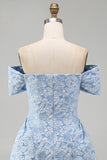 Blue A Line Short Floral Off the Shoulder Wedding Guest Dress with Bow