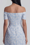 Blue A Line Short Floral Off the Shoulder Wedding Guest Dress with Bow