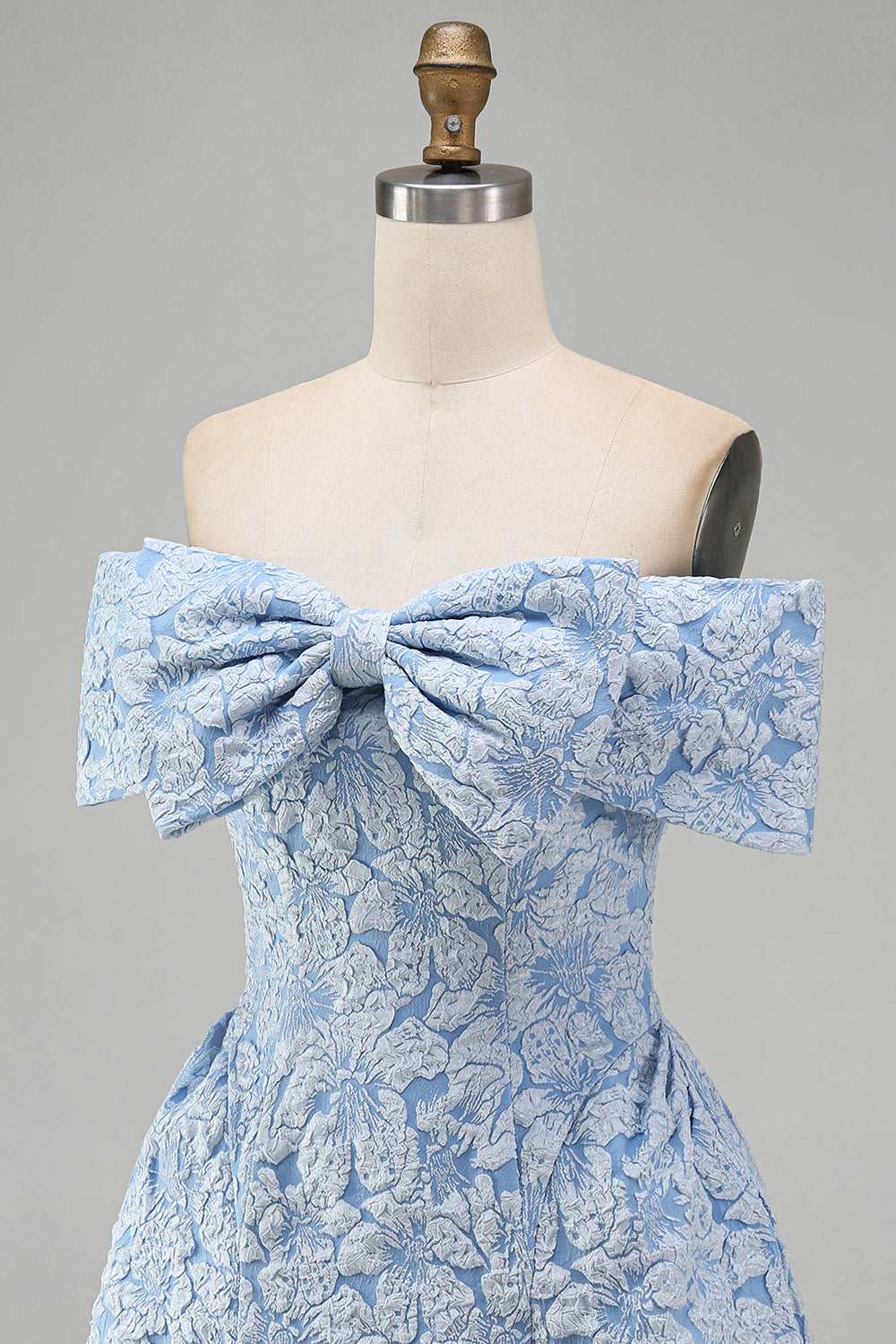 Blue A Line Short Floral Off the Shoulder Wedding Guest Dress with Bow