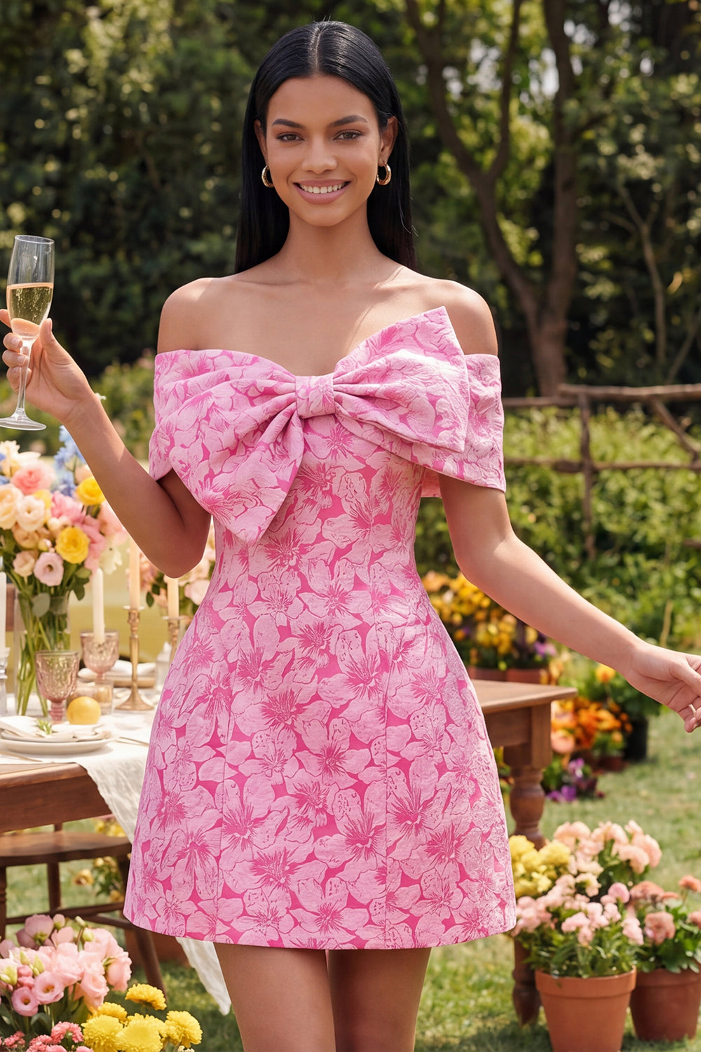Blue A Line Short Floral Off the Shoulder Wedding Guest Dress with Bow