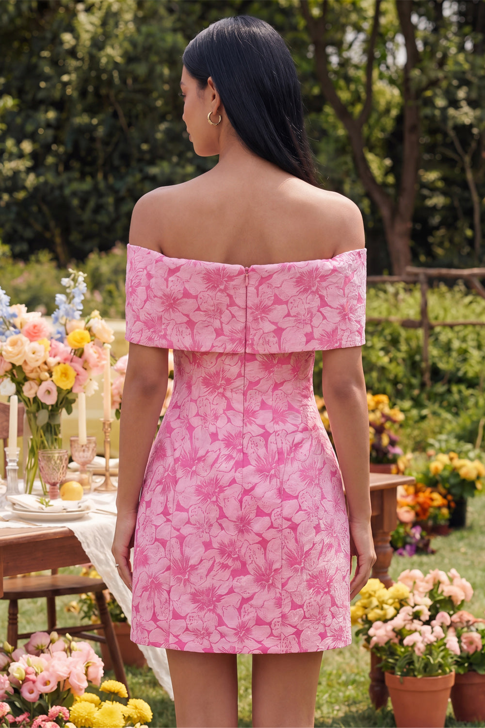 Blue A Line Short Floral Off the Shoulder Wedding Guest Dress with Bow