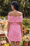 Blue A Line Short Floral Off the Shoulder Wedding Guest Dress with Bow