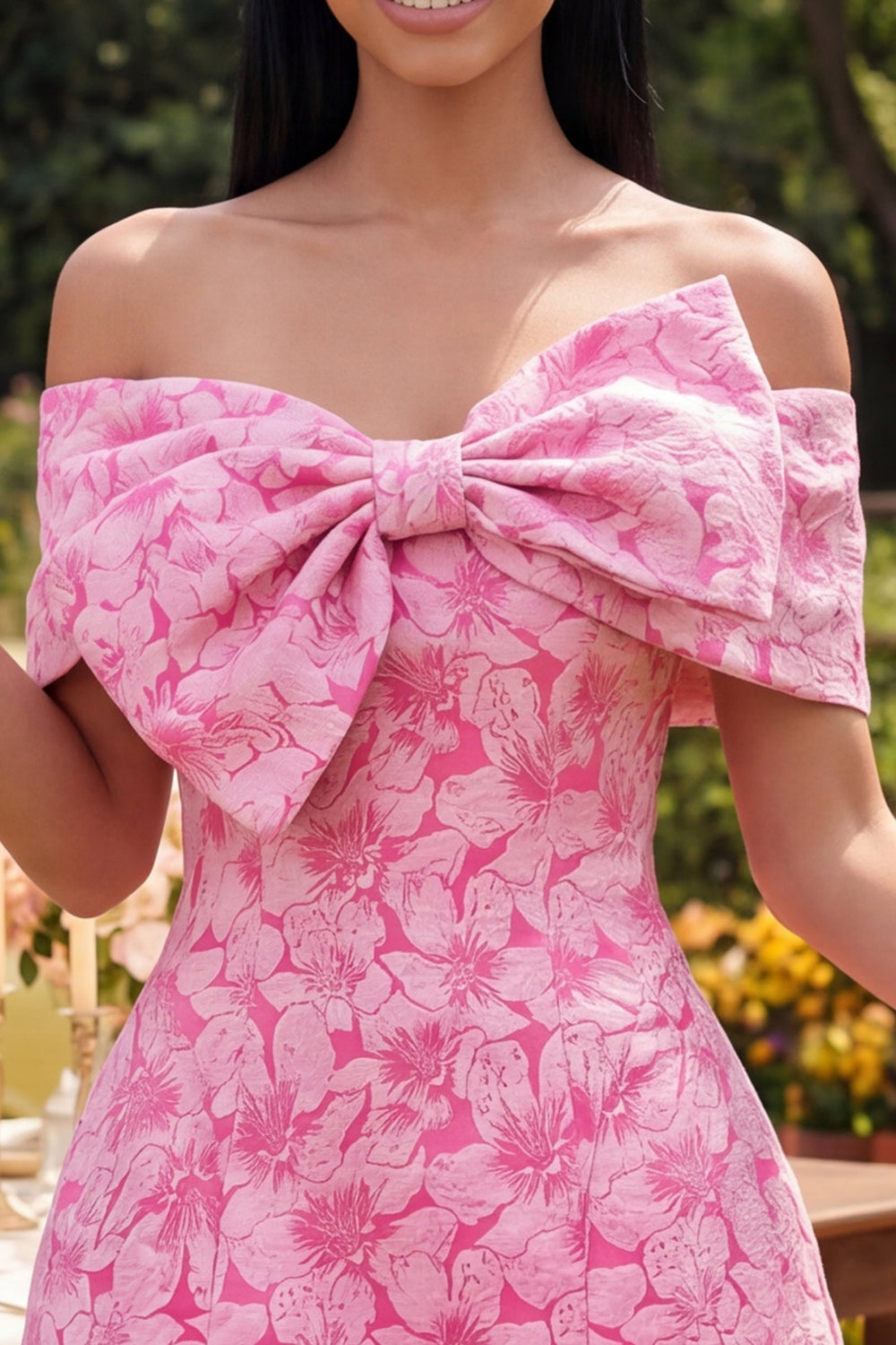 Blue A Line Short Floral Off the Shoulder Wedding Guest Dress with Bow