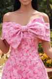 Blue A Line Short Floral Off the Shoulder Wedding Guest Dress with Bow