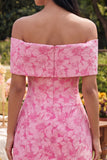 Blue A Line Short Floral Off the Shoulder Wedding Guest Dress with Bow