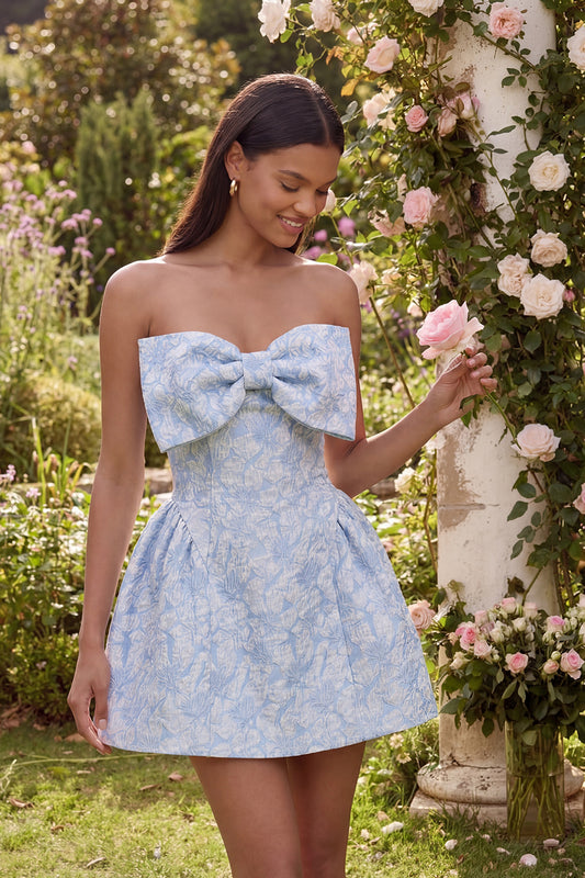 Strapless Blue A Line Short Floral Wedding Guest Dress with Bow