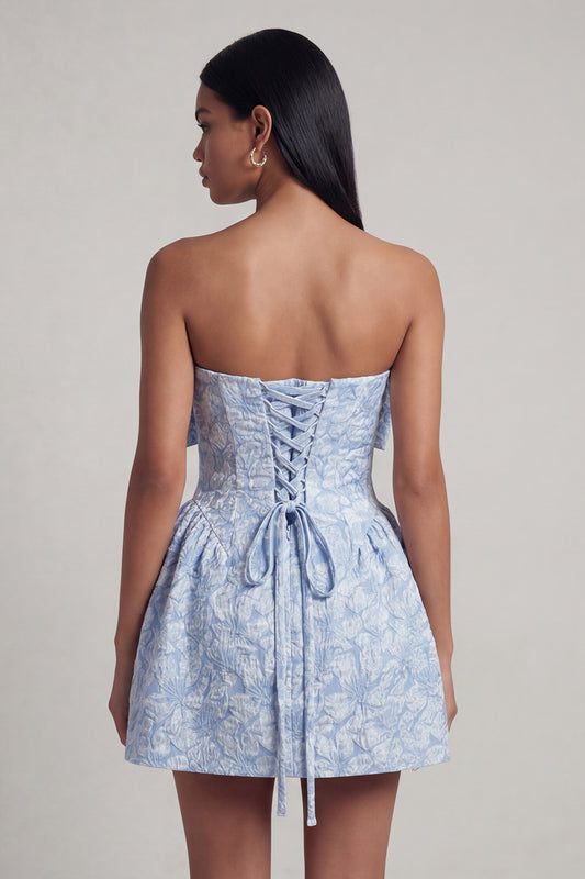 Strapless Blue A Line Short Floral Wedding Guest Dress with Bow