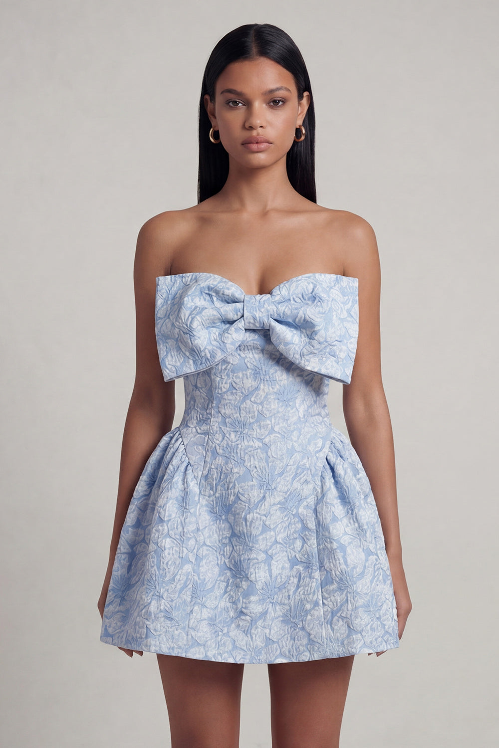 Strapless Blue A Line Short Floral Wedding Guest Dress with Bow