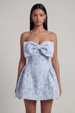 Strapless Blue A Line Short Floral Wedding Guest Dress with Bow